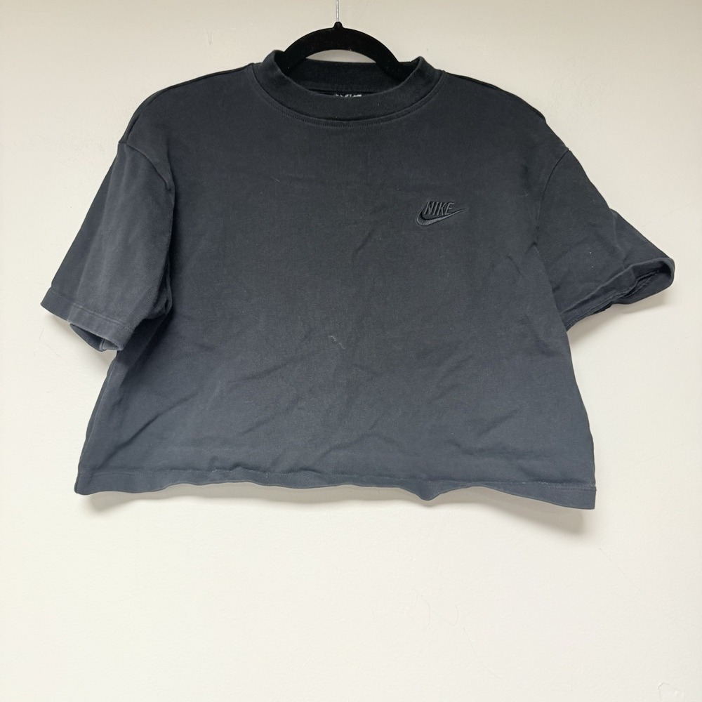 Nike Cropped T-Shirt Womens L Black Excellent Mock Neck Embroidered Logo Boxy
